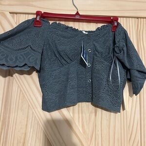 Gray Eyelet Off-Shoulder Top